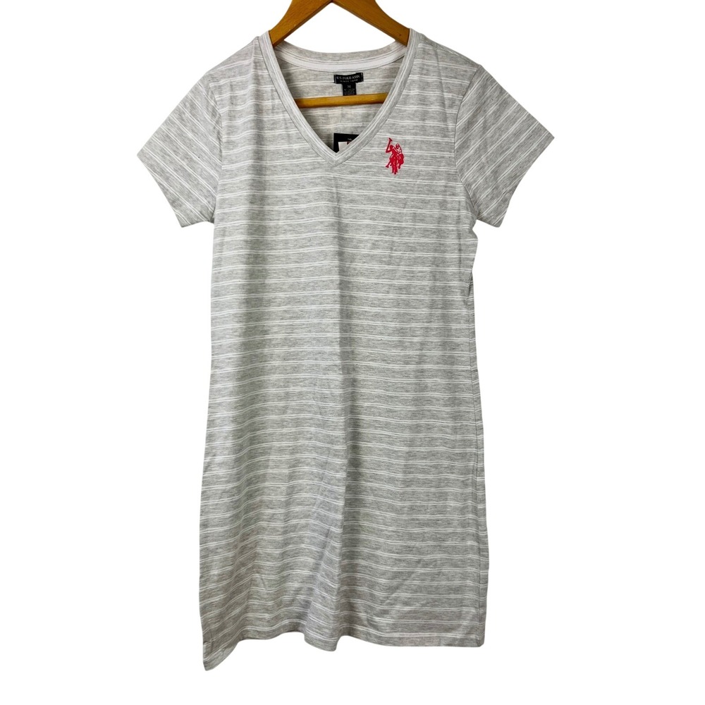 NWTS US Polo Assn Striped Cotton Sleepshirt Nightgown Pink Pony Gray Womens M
